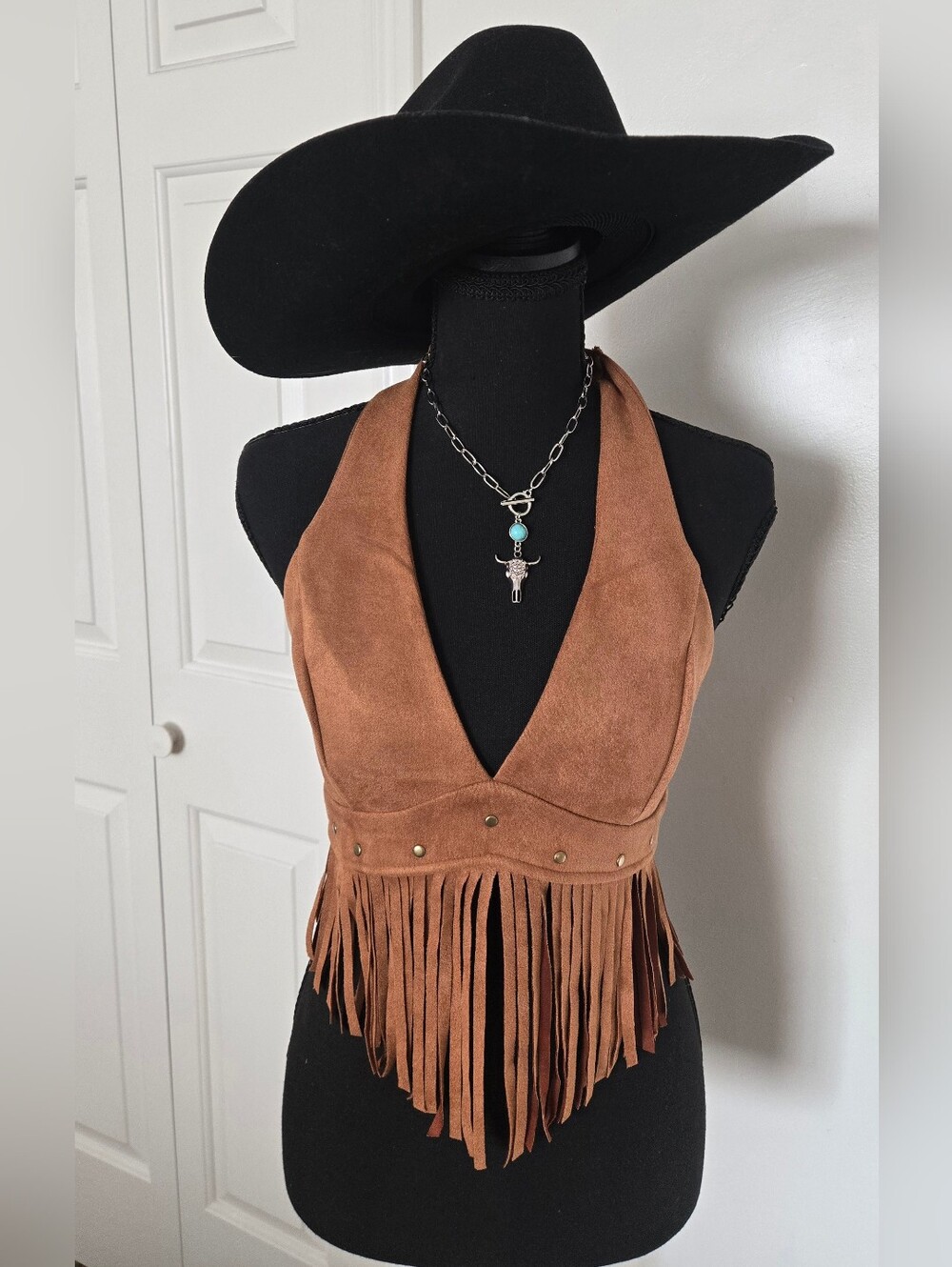 Suede Fringe Halter Crop Top - Rustic Brown